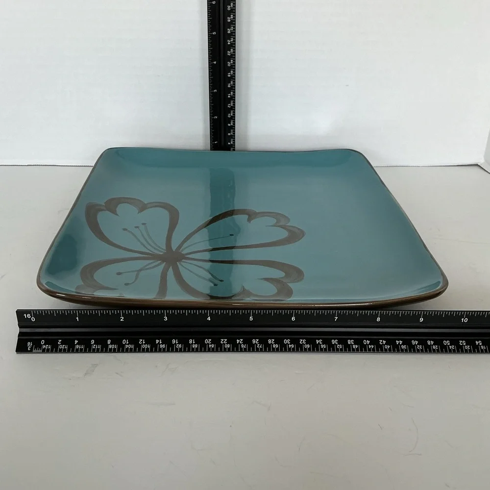 Pier 1 Hibiscus Flower Pattern Design Square Dinner Plate Teal And Brown Vintage